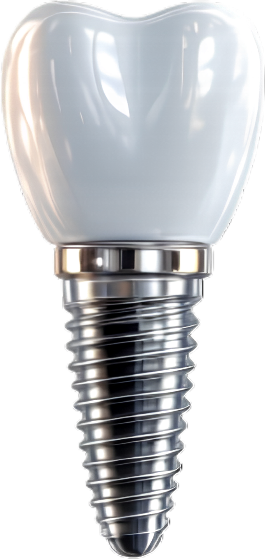 A porcelain crown seated on a titanium implant post
